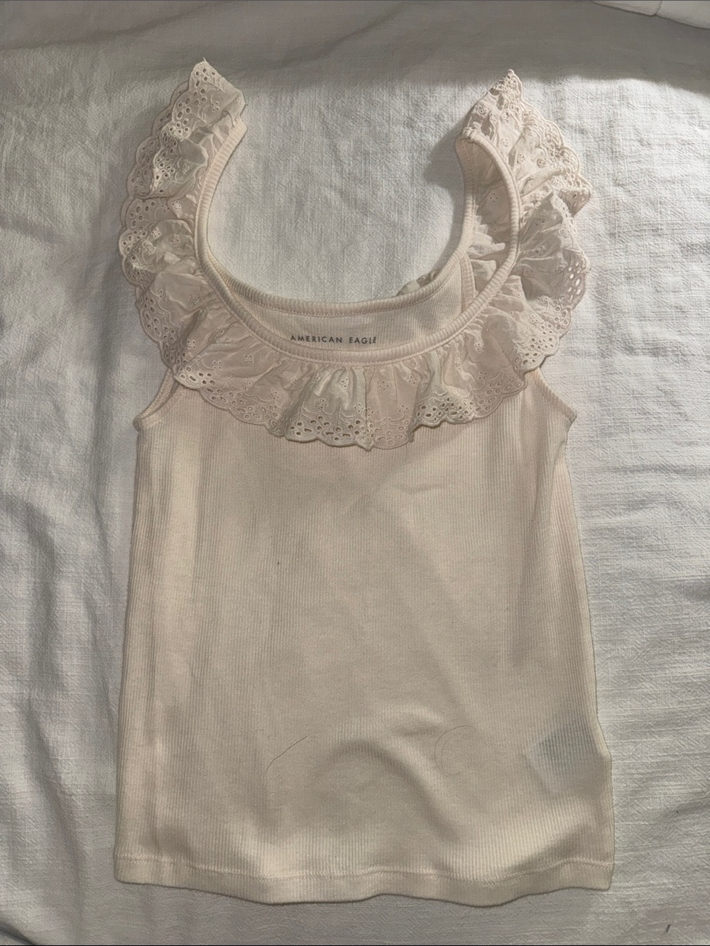 American Eagle Outfitters Cream Eyelet-Ruffle Ribbed Tank